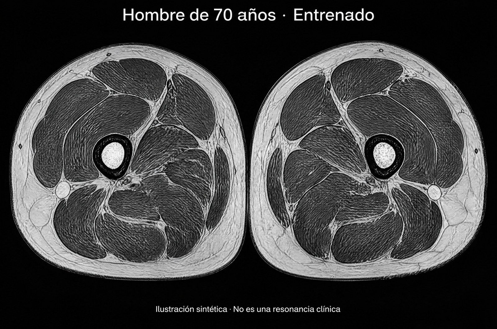 Resonancia del muslo de un hombre de 70 años entrenado, con gran masa muscular