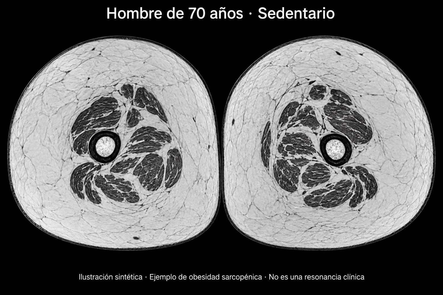 Resonancia del muslo de un hombre de 70 años sedentario, con pérdida de músculo y más grasa